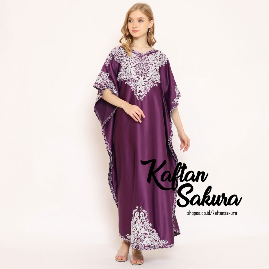 Kaftan Luna Super Premium Bahan Satin Full Bordir Motif Polos Bunga Warna Hitam Marun Navy Mewah