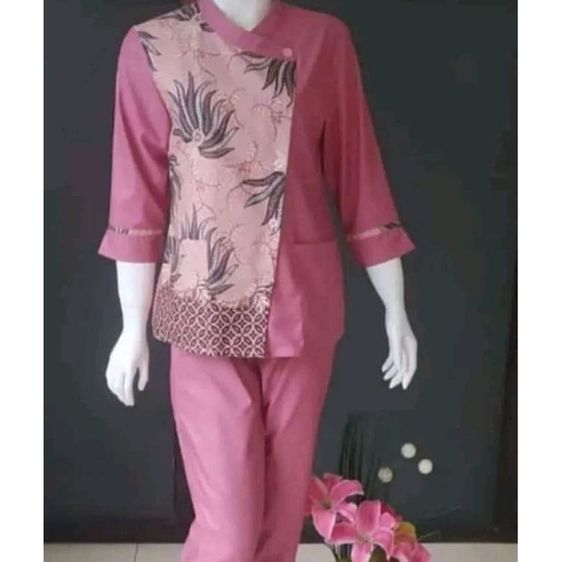 Set Baju Batik Kombinasi Wanita Lengan Pendek Panjang Celana Topi Seragam Kerja
