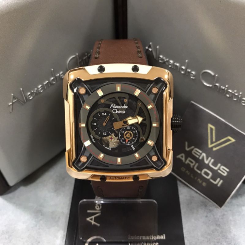 Jam Alexandre Christie AC 3030 MA LBR Pria Hitam Rosegold Kulit Coklat Segi Automatic