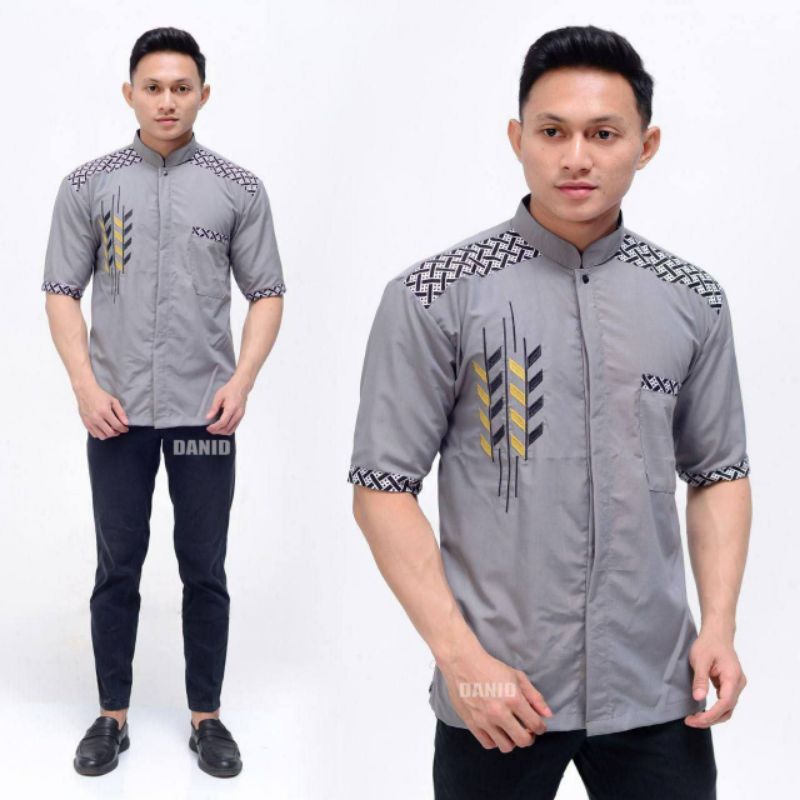 ATASAN BAJU KOKO PRIA COWOK KOMBINASI MOTIF BORDIR MEWAH KOBATA SILVER LENGAN PENDEK BUSANA MUSLIM L