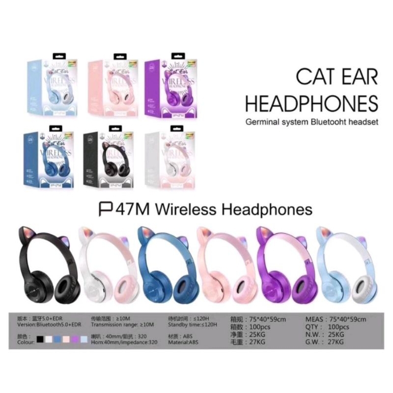 Headphone Bando P47M Bluetooth Cat Ears Wireless Headset RGB LED