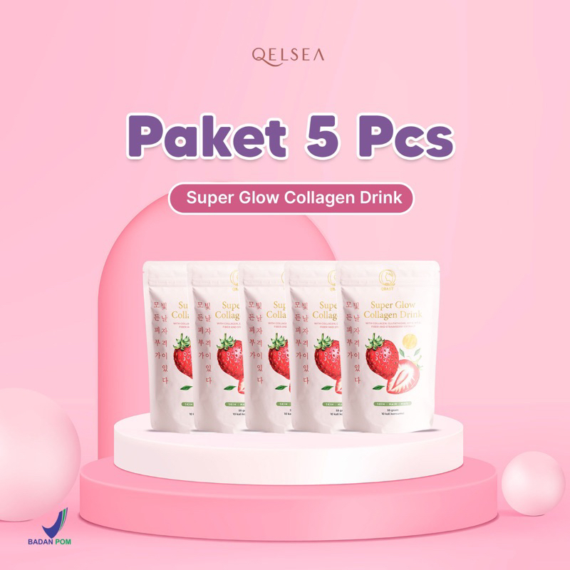 Paket 5 pcs Collagen Drink Qelsea Beauty | Super Glow Collagen Drink Minuman Pemutih Badan Cepat Permanen | Suplemen Pemutih Kulit | Suntik Putih | Mencerahkan Kulit | Glowing | Glasskin