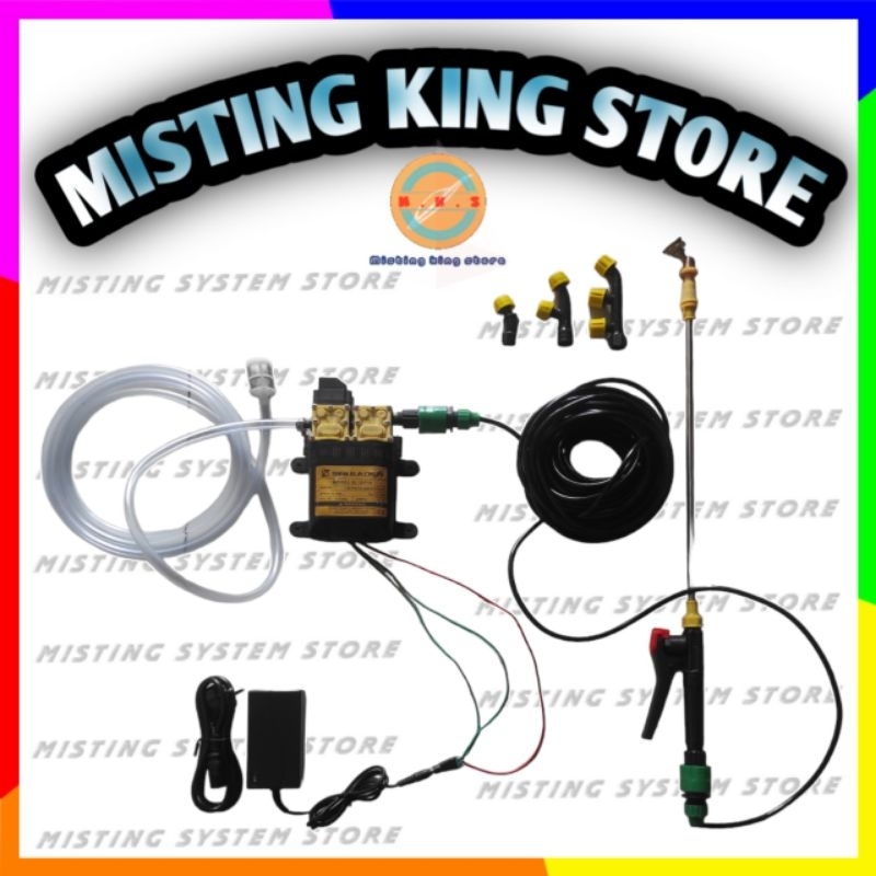 PAKET ALAT SIRAM NOZZLE SPRAYER ELEKTRIK POMPA DC 12V SINLEADER 10 METER SEMPROTAN AIR / SEMPROTAN HAMA TAMAN KEBUN / NOZLE SPUYER KABUT 1 2 3 5 LUBANG MISTING SPRAY / HANDLE KRAN STICK SPRAYER QUICK RELEASE SELANG PU 5 X 8MM 10M / ADAPTOR 10A MURNI