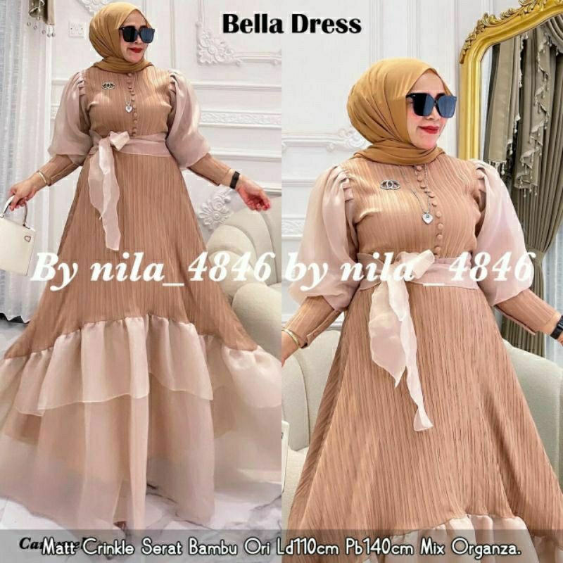 Bella Dress Organza Gamis Wanita Dewasa Crinkle Serat Bambu Terbaru Kekinian Label Madani
