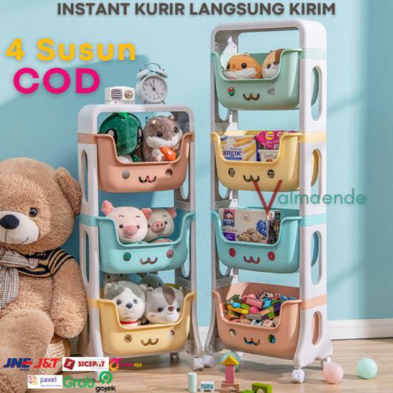 Rak Susun 4 Tingkat Serbaguna Q2 8804 Rak Mainan Anak Lucu Karakter 4 Tingkat + Roda Rak Organizer Kotak Penyimanan