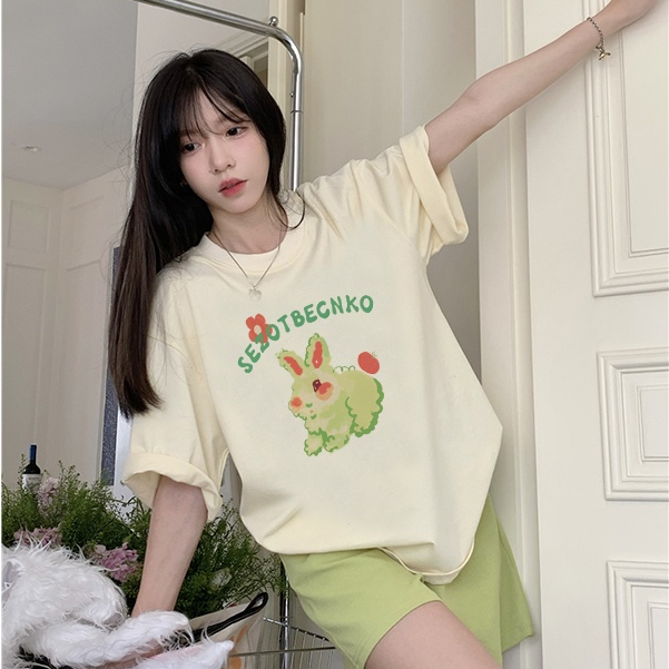 atasan wanita kekinian oversize lengan pendek cartoon rabbit graphic print T-shirt korean style import kaos cream