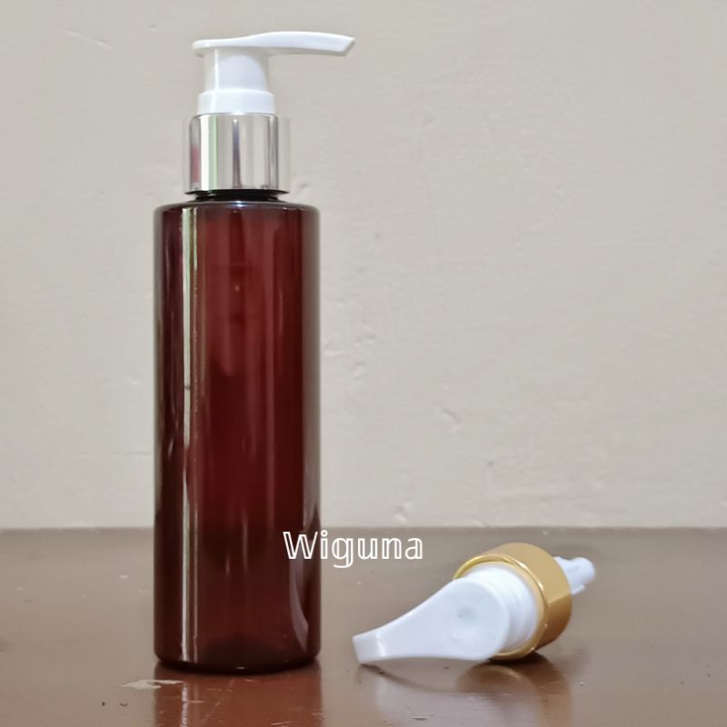 Botol pump 150ml amber / Botol rf 150ml Coklat tutup pump lotion ring alumunium