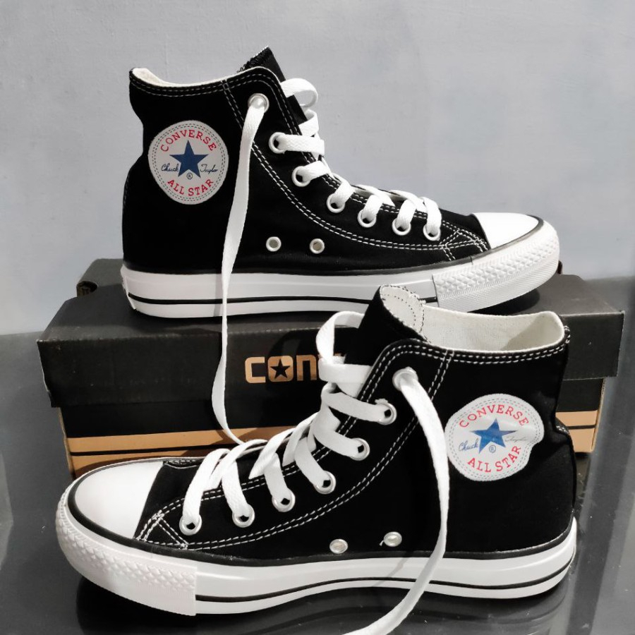 Sepatu Sneakers Converse All Star Tinggi/ Sepatu Sekolah Pria Wanita Anak Sd Smp Sma Kuliah Nb Tali Full Hitam M1 Termurah