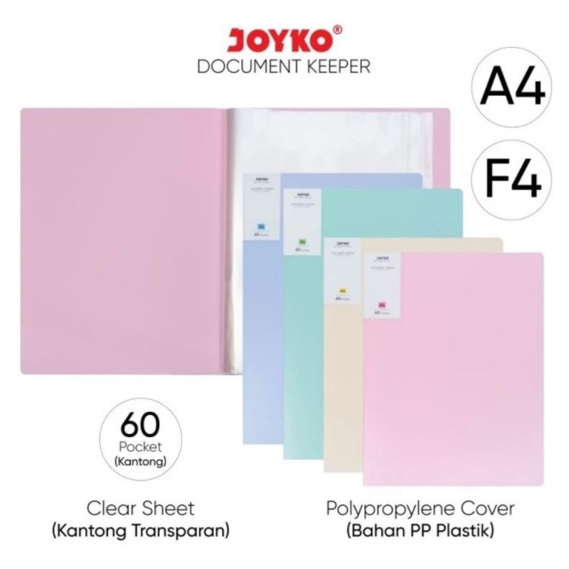 

JOYKO Document Keeper, Pocket Clear Holder A4 F4 60 Pastel, Map Folder File DK-E60 A4 atau DK-F60 F4 Folio isi 60 Lembar