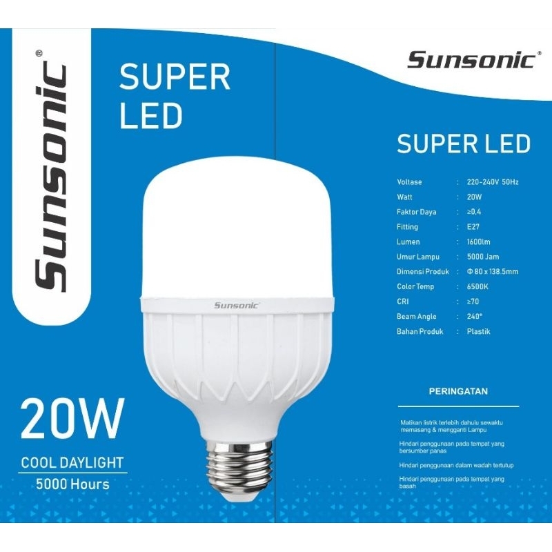 Bohlam Super LED Capsule Sunsonic Warna Putih Terang Fitting E27 5w 10w 15w 20w 30w Lampu Murah Hemat Listrik