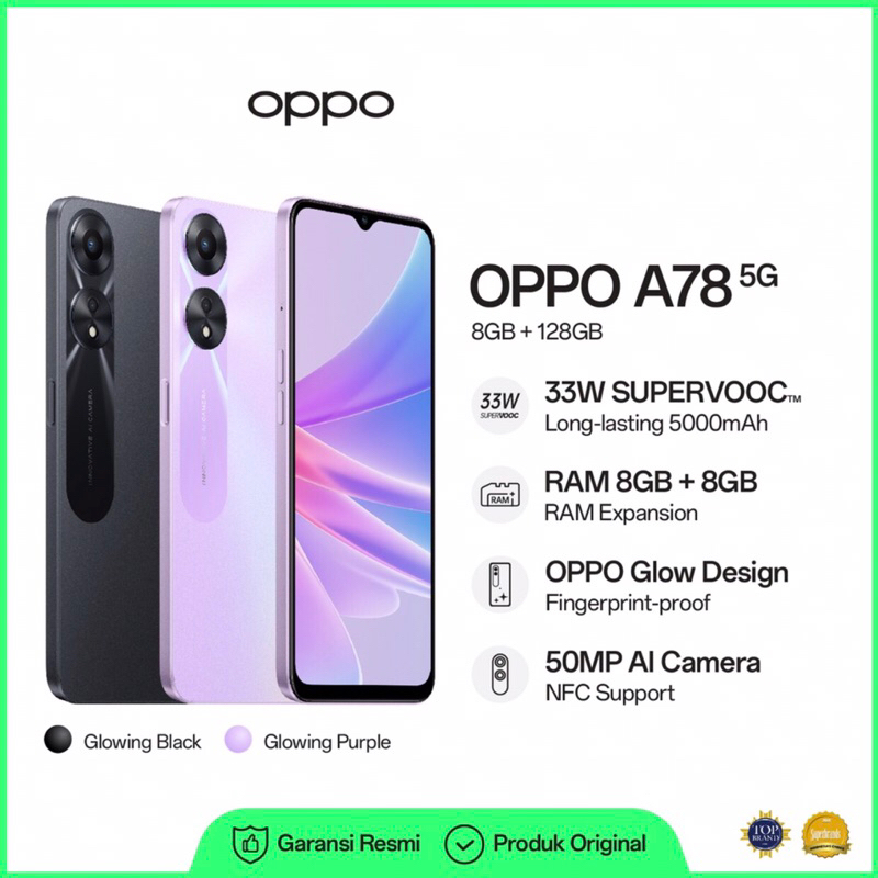 Oppo A78 5G | 8GB+128GB | Dimensity 700 | 50MP Dual Camera | NFC | IP54 | Li-Po 5000mAh | Garansi Resmi Oppo 1 Tahun