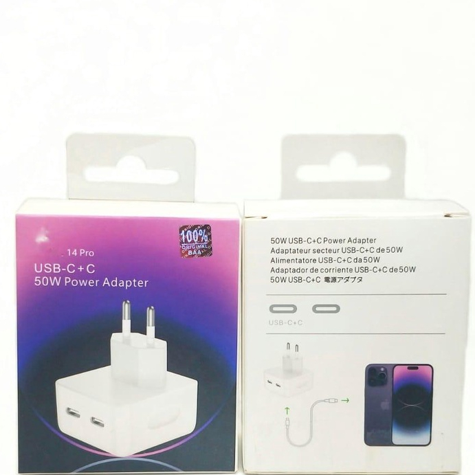 Charger Adaptor 50W DUAL USB-C PD Tipe C batok casan ip 50w