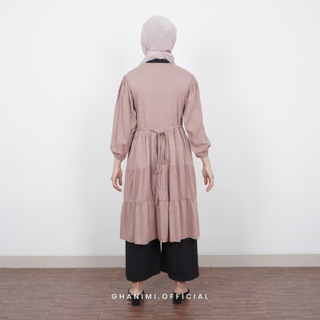 Ghanimi - Farisa Tunik / Dress Rayon Polos / Dress kondangan kekinian / gamis terbaru  lengan panjang wudhu friendly / gamis kancing tali ruffle / dress kancing shanghai busui friendly