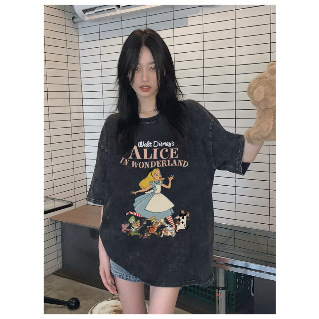 EUNII T-shirt Lengan Pendek Black Washed Retro Cartoon Alice In WonderlandPrinting Korean Style/Kaos Atasan Wanita/Baju Wanita/Kaos Wanita