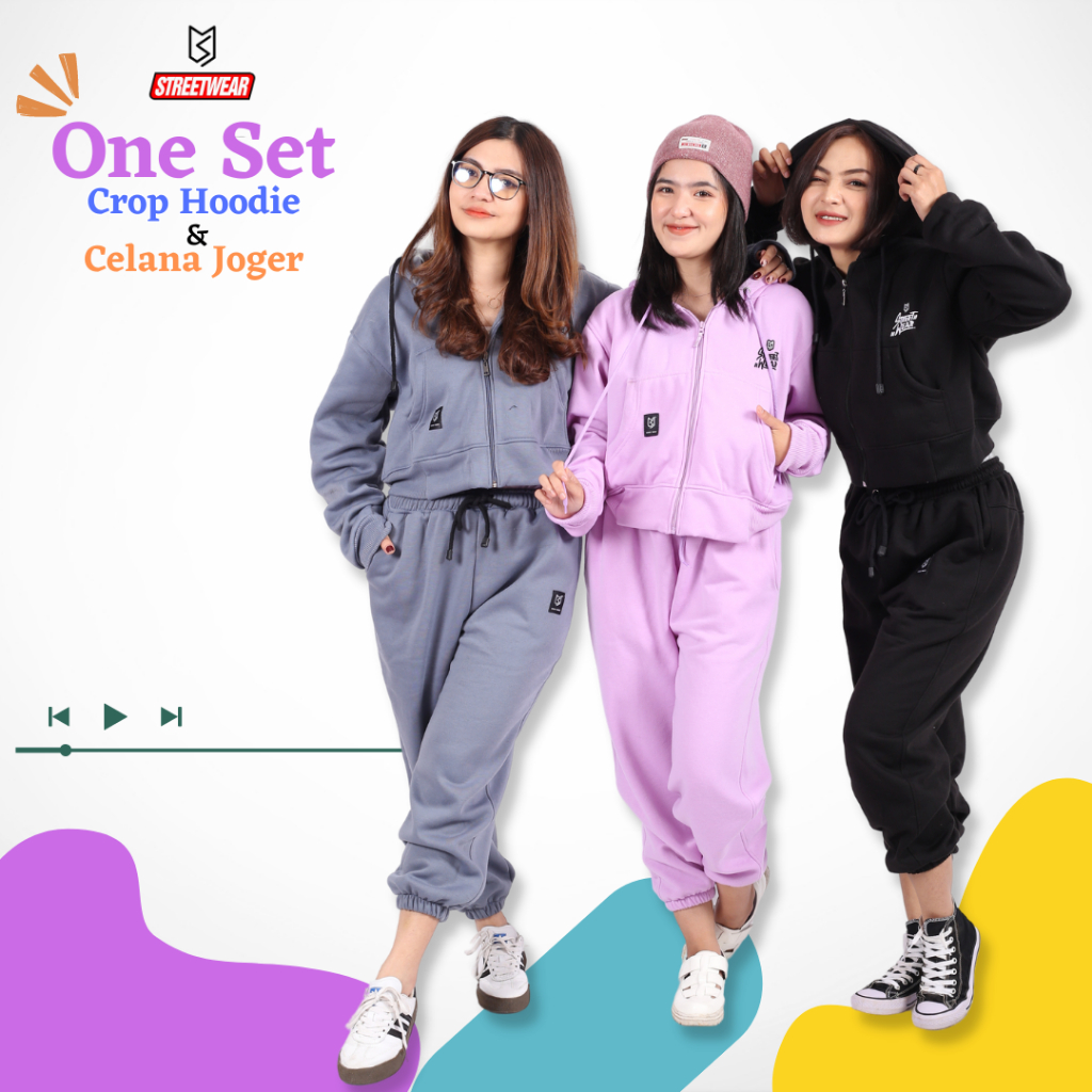 One Set Crop MS Hoodie Zipper &amp; Celana Joger PREMIUM