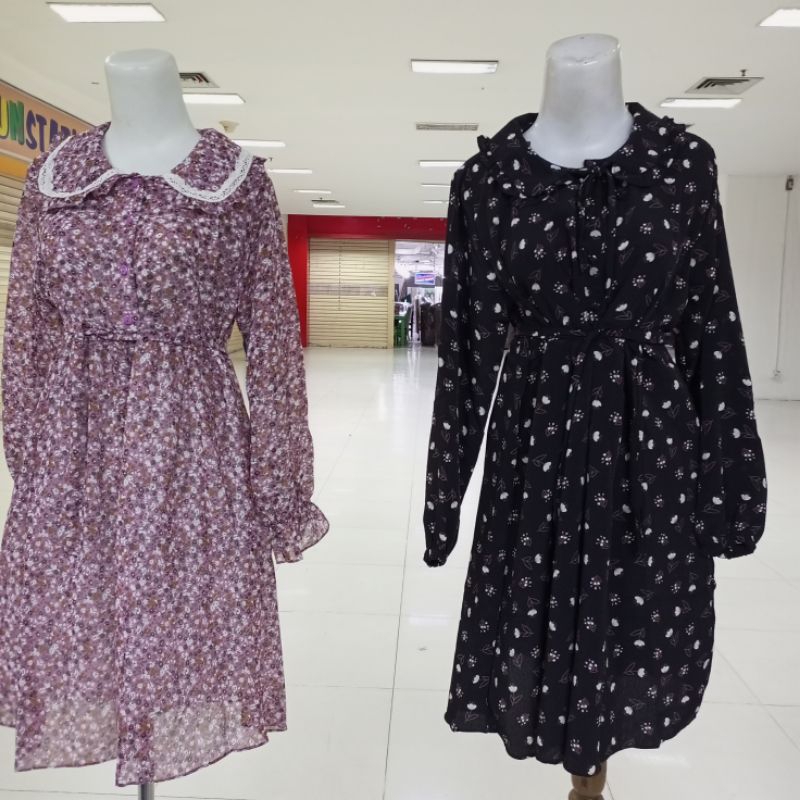 212 214 TUNIK DRESS MOTIF BUNGA KERAH BULAT BAHAN CERUTY LAPIS FURING DAN CRINKEL KANCING DEPAN WARN