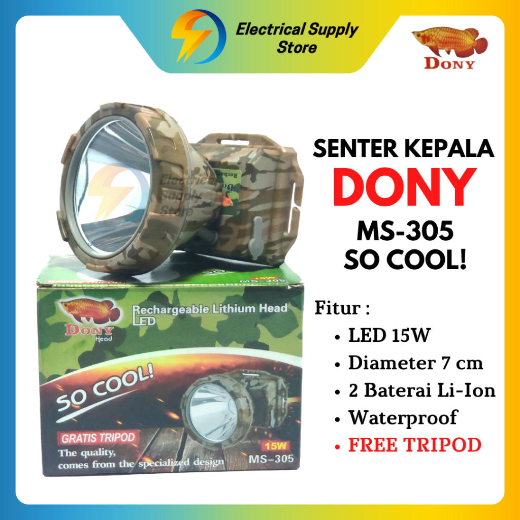 SENTER KEPALA DONY MS-305 | SO COOL | LED 15W | TERANG | CAHAYA PTH &amp; KNG | BISA DICAS | FREE TRIPOD