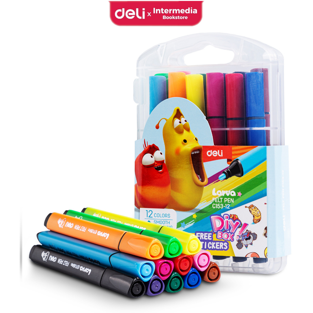 

Deli EC153-12 Larva Felt Pen / Spidol Warna 12 Warna Mudah Dicuci Warna Cerah dan Tebal