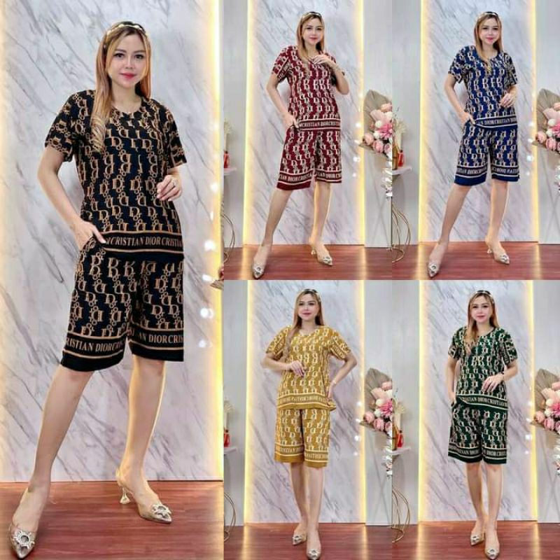 one set setelan wanita terbaru lengan celana pendek motif cantik kekinian busui