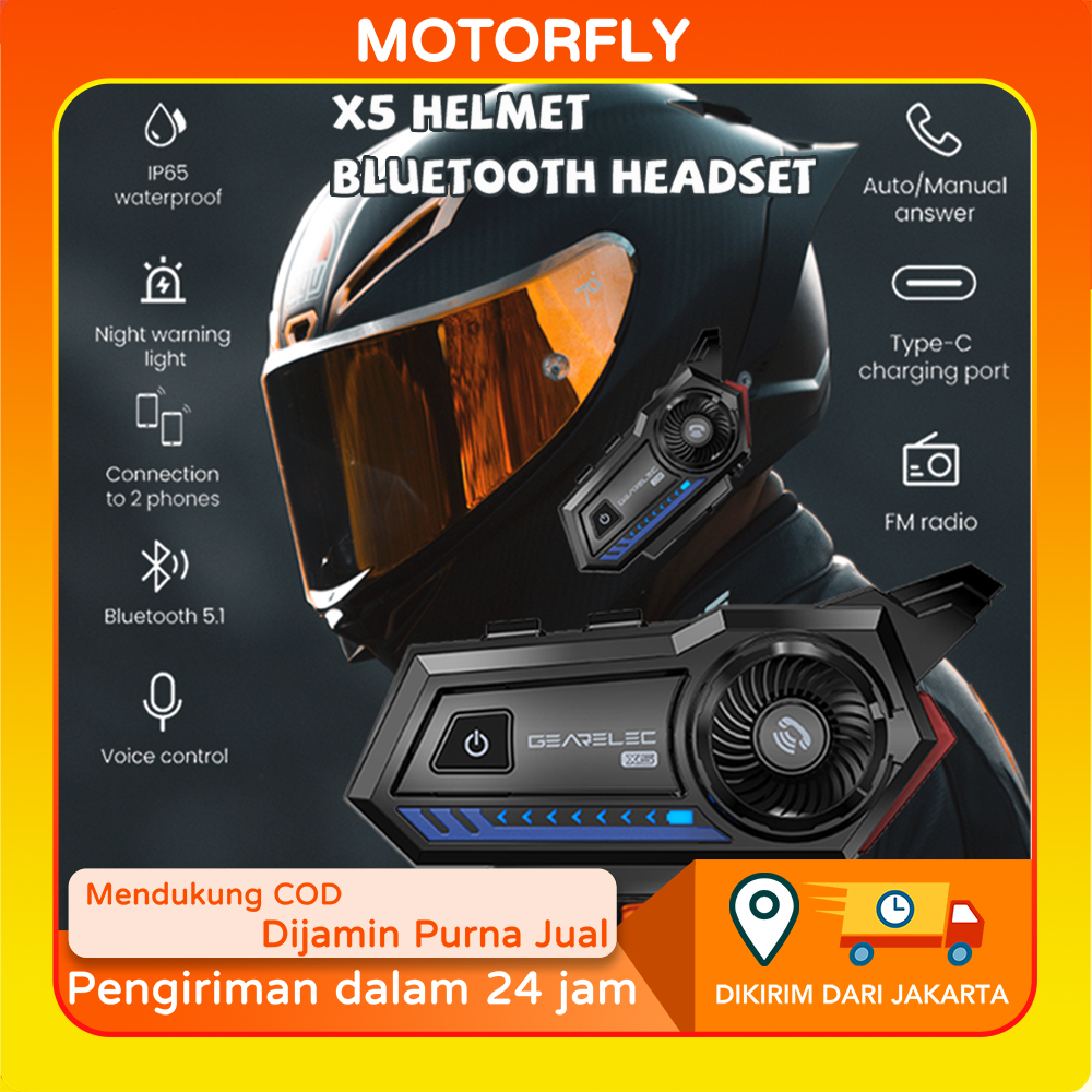 GEARELEC X5 Bluetooth Sepeda Motor Helm Headset Hands Free Call BT 5.1 Earphone Headphone Nirkabel dengan FM Radio Malam Lampu Peringatan 2000mAh