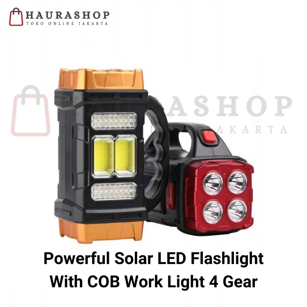 HS-1522 Lampu Senter Cahaya Kuning dan Putih Powerful Solar LED Flashlight With COB Work Light 4 Gear