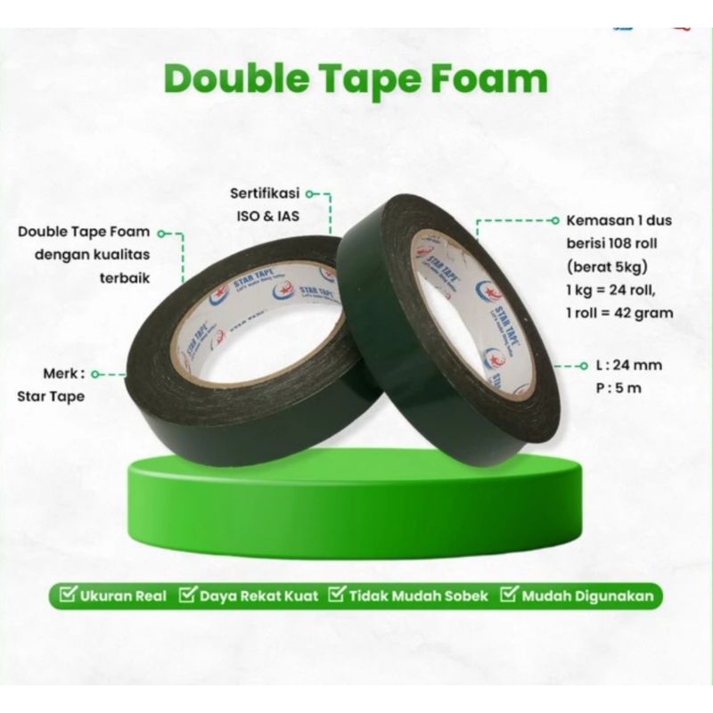 

Isolasi Double Tape Foam Spon Hijau 24mm x 5m Merk Seven Star / Solasi Dobel Tip Spons Busa Kualitas Terbaik Lengket