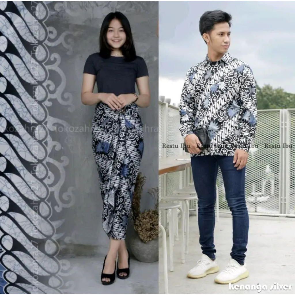 Couple Rok Lilit Dan Kemeja Batik Bahan Premium Tebal Motif Kenanga Silver