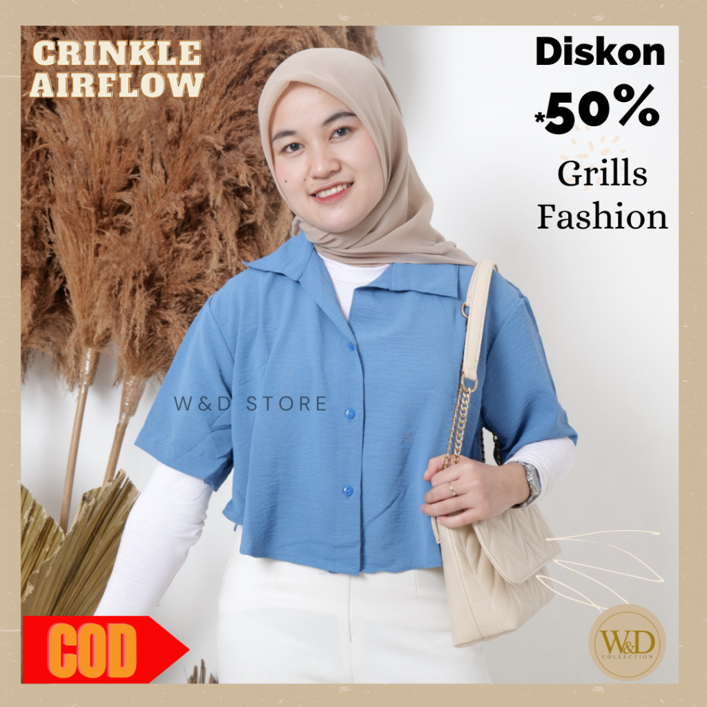 KEMEJA WANITA CROP POLOS LENGAN PENDEK CRINGKLE AIRFLOW premium