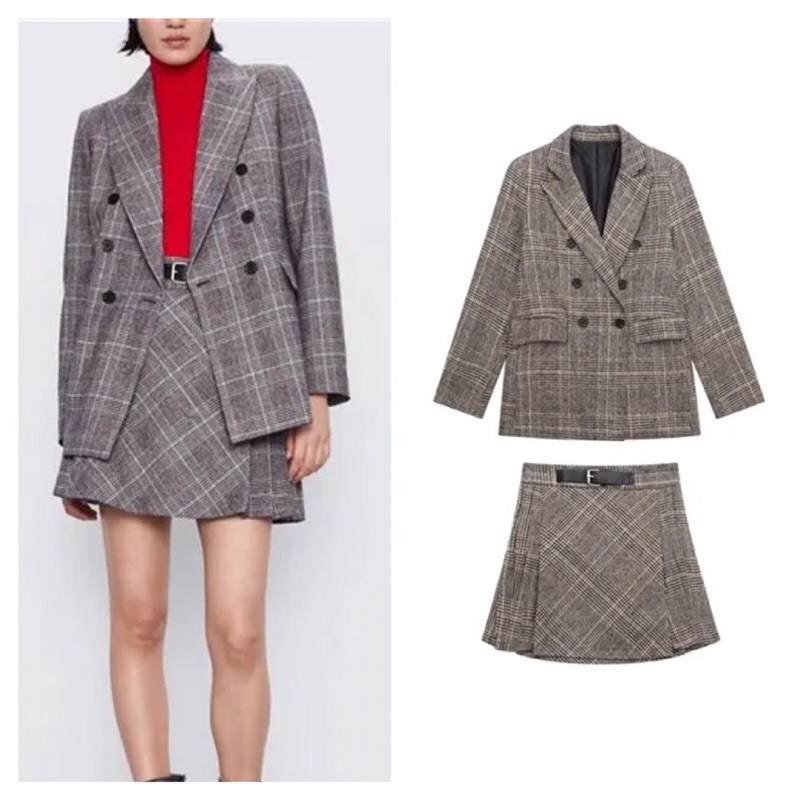 Plaid Tweed Suit Blazer dan Rok Mini Plaid Pleated Skirt