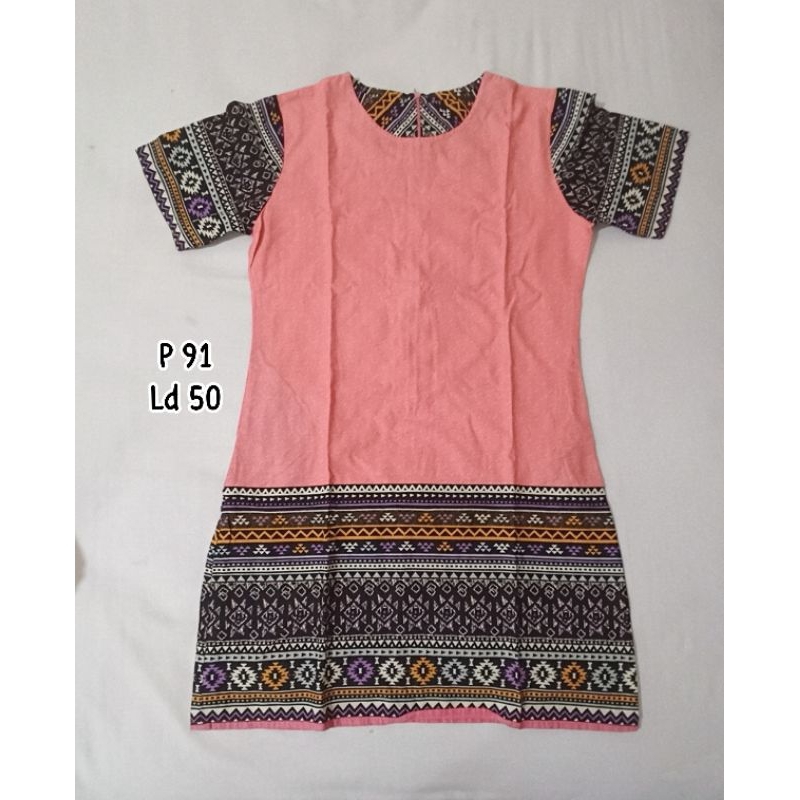 PL - dress songket batik pink wanita lengan pendek midi dress pakaian formal terusan jalan