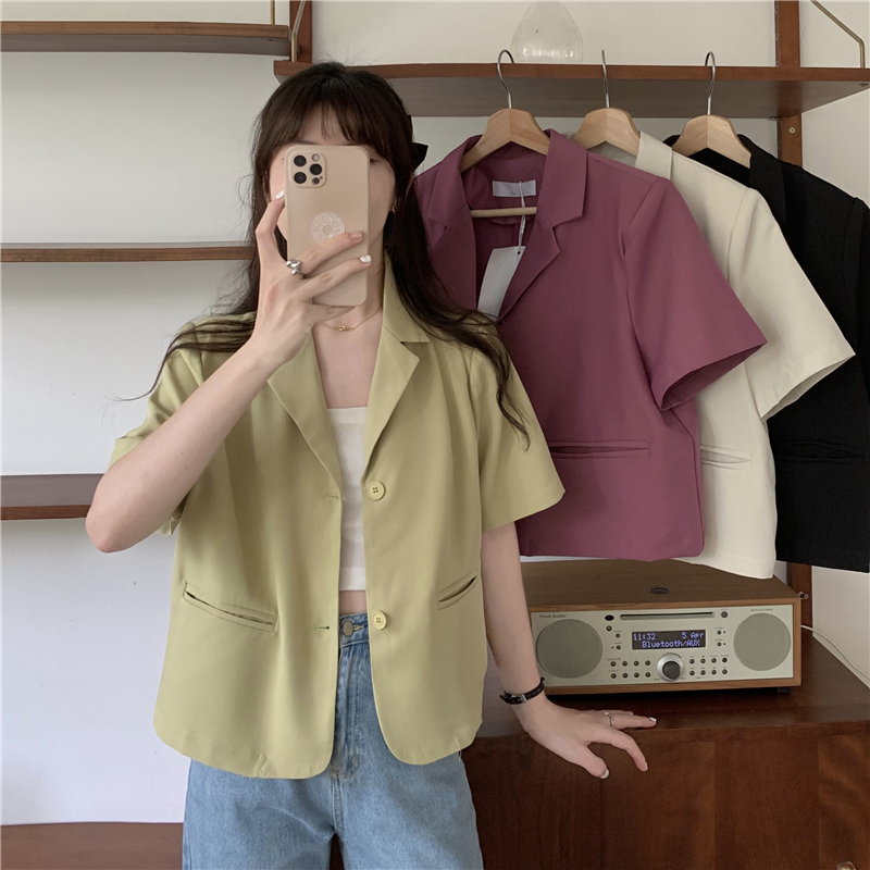 EUNII V-neck Jaket Lengan Panjang Outer Basic Crop Top Korean Style Jaket Wanita