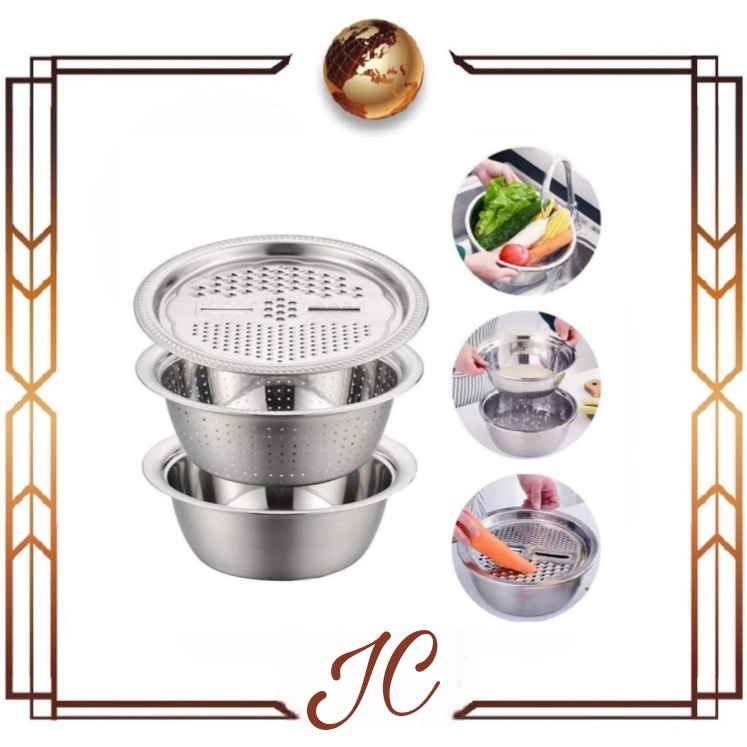 (JC)Baskom Dapur 3 in 1 (Baskom + Saringan + Parutan) Stainless Steel Material // Basin Tiga Tingkat // Baskom Serbaguna