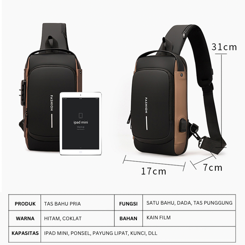 Mainland Tas Selempang Pria Waist Bag Port USB Simple Tas Bahu Modern Outdoor TS717