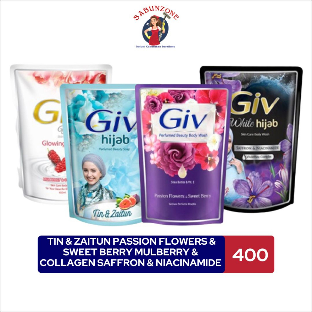 Sabun Mandi Cair Giv Body Wash Tin &amp; Zaitun Passion Flowers &amp; Sweet Berry Mulberry &amp; Collagen Saffron &amp; Niacinamide 400 ml