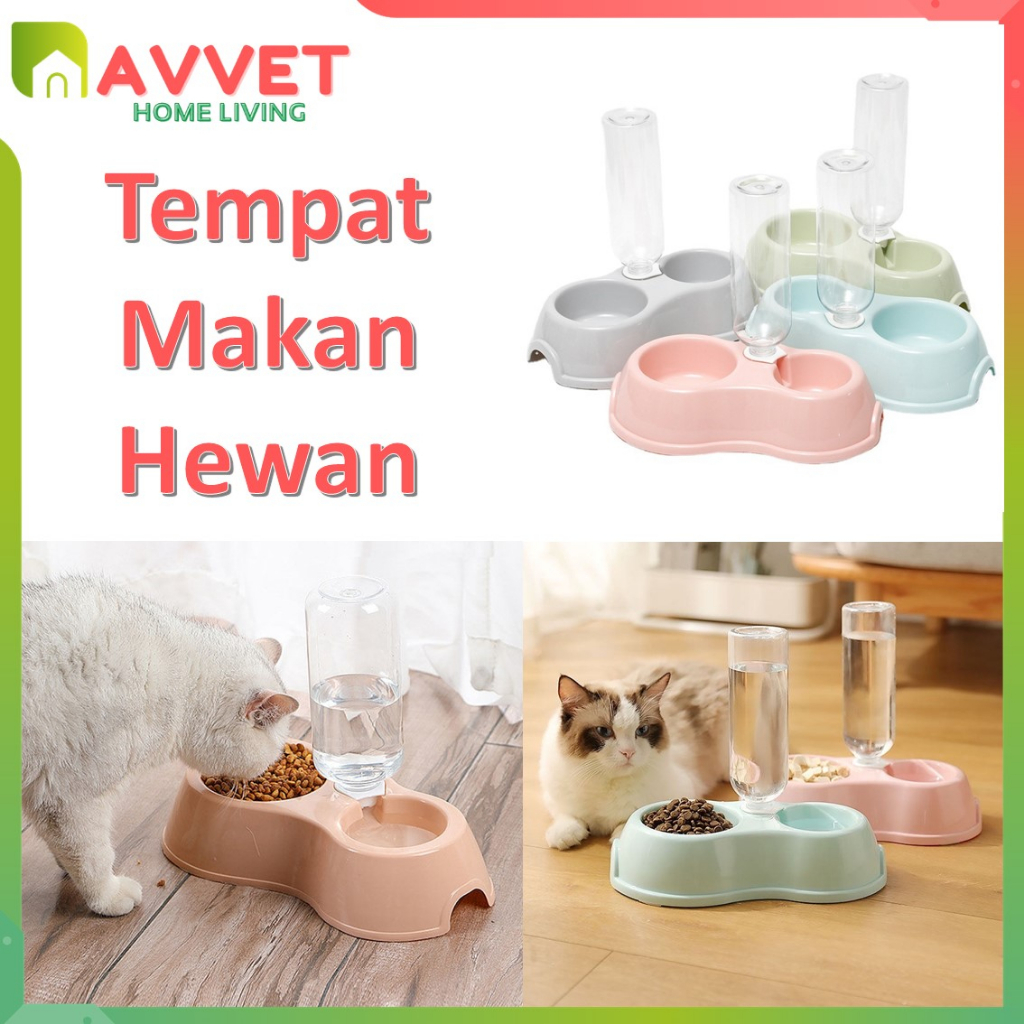 AVVET Tempat Makan Hewan Mangkuk Double Hewan Peliharaan Berserta Botol Minum Anti Licin Anti Semut 2 in 1 Kotak Makanan Kucing Anjing Aksesoris Hewan Peliharaan