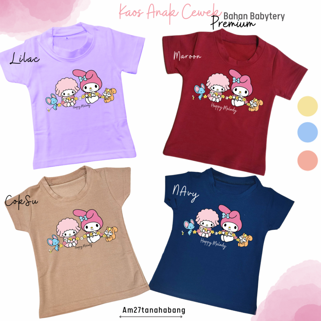 Premium Production estalase 003! Kaos Anak Cewek BABYTERY Spandek 1-10tahun POLOS, ANYA, MELODY, CINNAMOROL