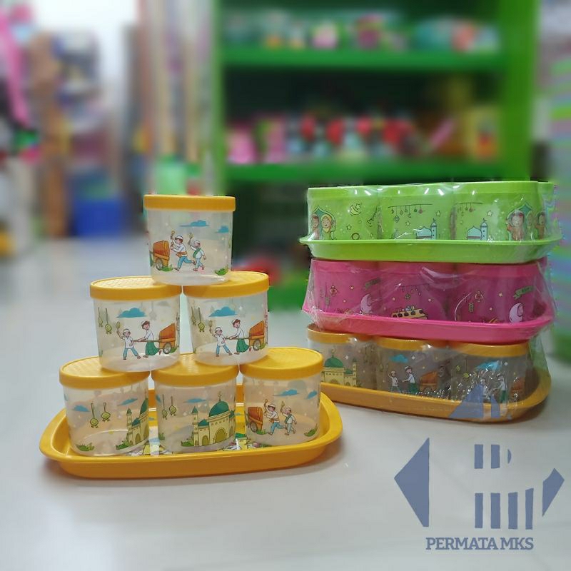Toples Set Plastik 6pcs + 1 Nampan Gambar Lucu Ramadhan Lebaran Warna Kuning Pink Hijau