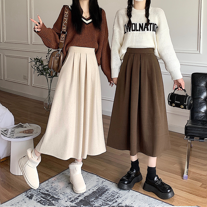 EUNII Korean Style Rok Wanita Rok Midi A-line Hitam Rok High Waist Skirt