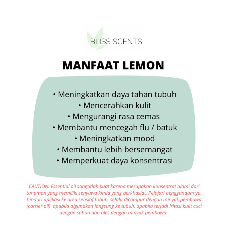 BLISS SCENTS Lemon 100ml Essential Oil Aromatherapy 100% Murni Therapeutic Grade Aromaterapi