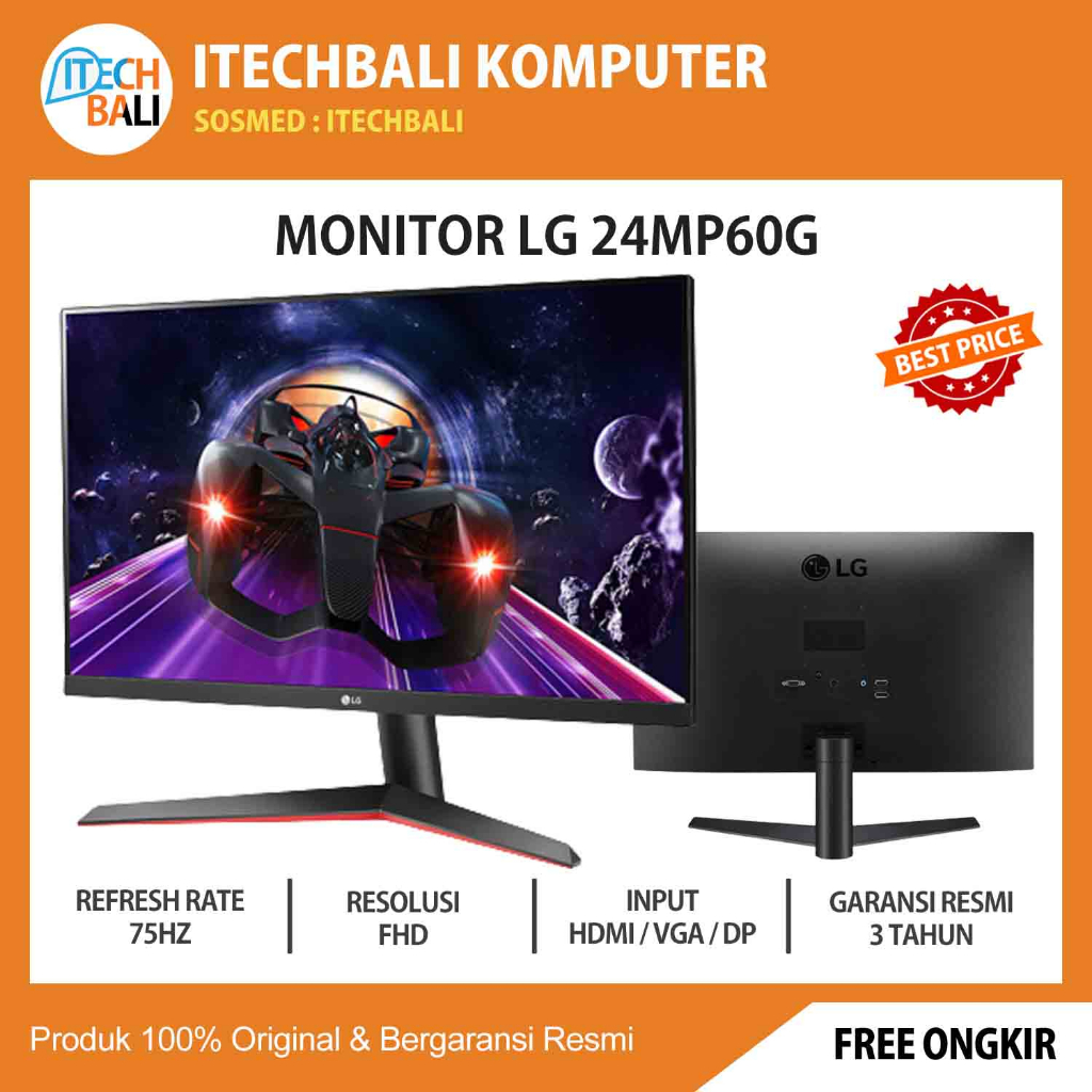 Monitor LG 24MP60G Full HD IPS 75HZ FreeSync Narrow Bezel Led | ITECHBALI