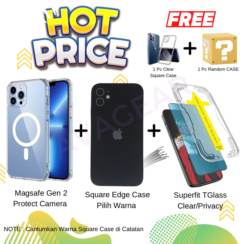 Bundling 3 FREE 2 Isi Magsafe Gen 2 + Square Edge Case + Magic Superfit Tempered Glass BONUS Silicone Clear + Random Item Compatibe With iPhone 11 12 13 Pro Max 14 Plus