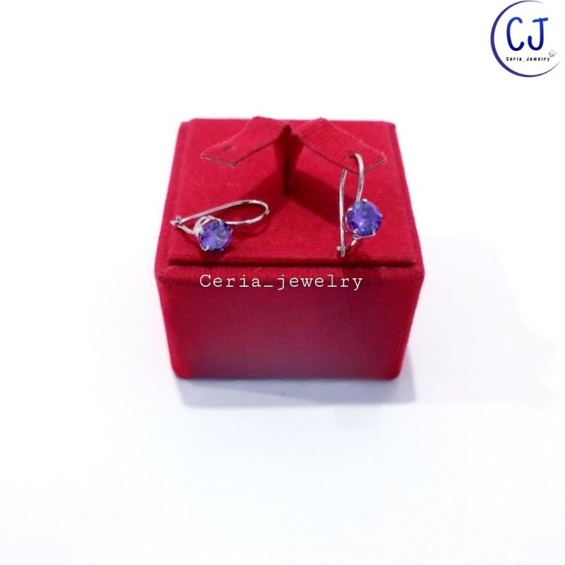 Anting Perak Asli Silver Wanita 925 Lapis Emas Putih Asli Model Desi Permata Ungu - Perak Asli Murni Original