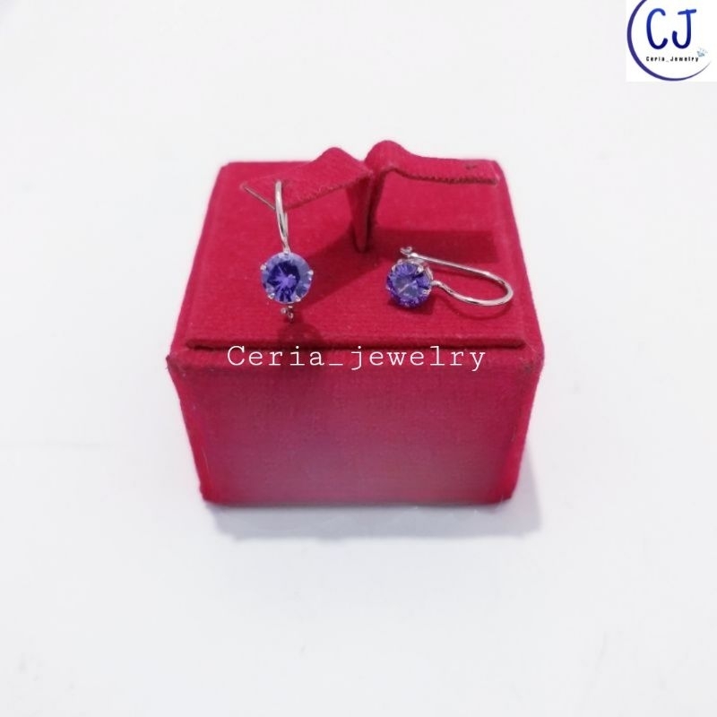 Anting Perak Asli Silver Wanita 925 Lapis Emas Putih Asli Model Desi Permata Ungu - Perak Asli Murni Original