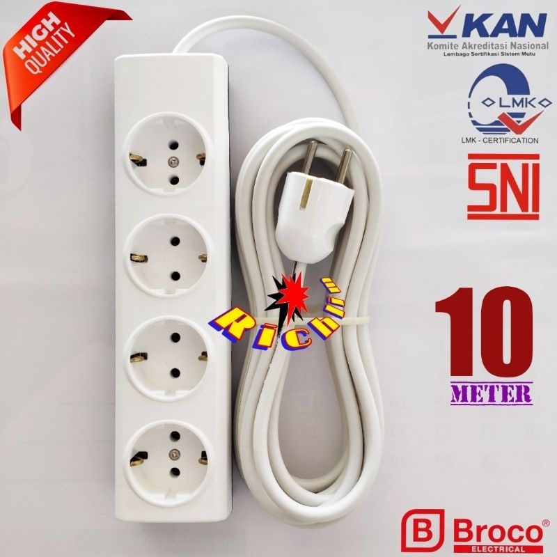 Stop Kontak Broco 4 Lubang+Steker Broco+Kabel Eterna 2x0,75 Serabut 10 Meter/Stopkontak Rakitan