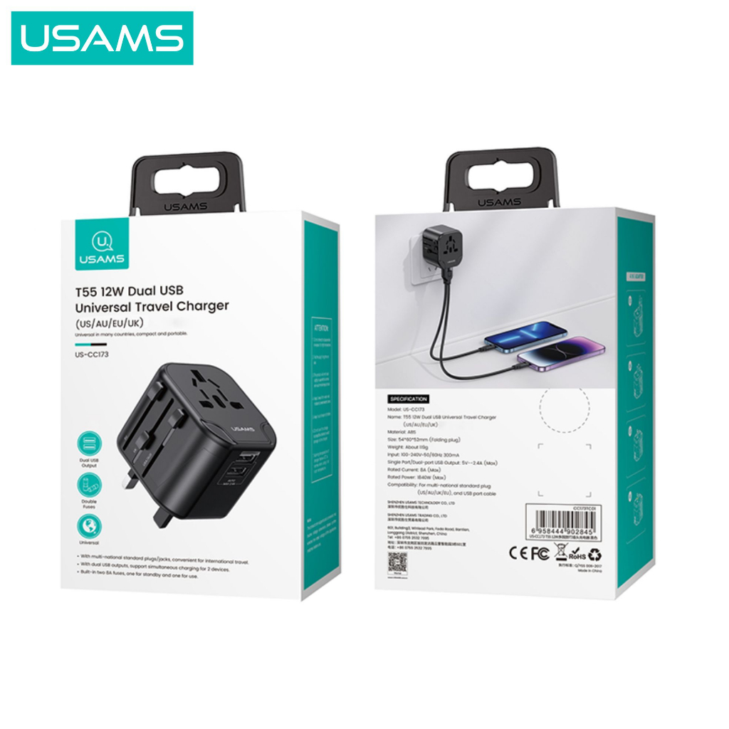 USAMS T55 Universal Travel Charger Dual USB 12W (US/AU/EU/UK)