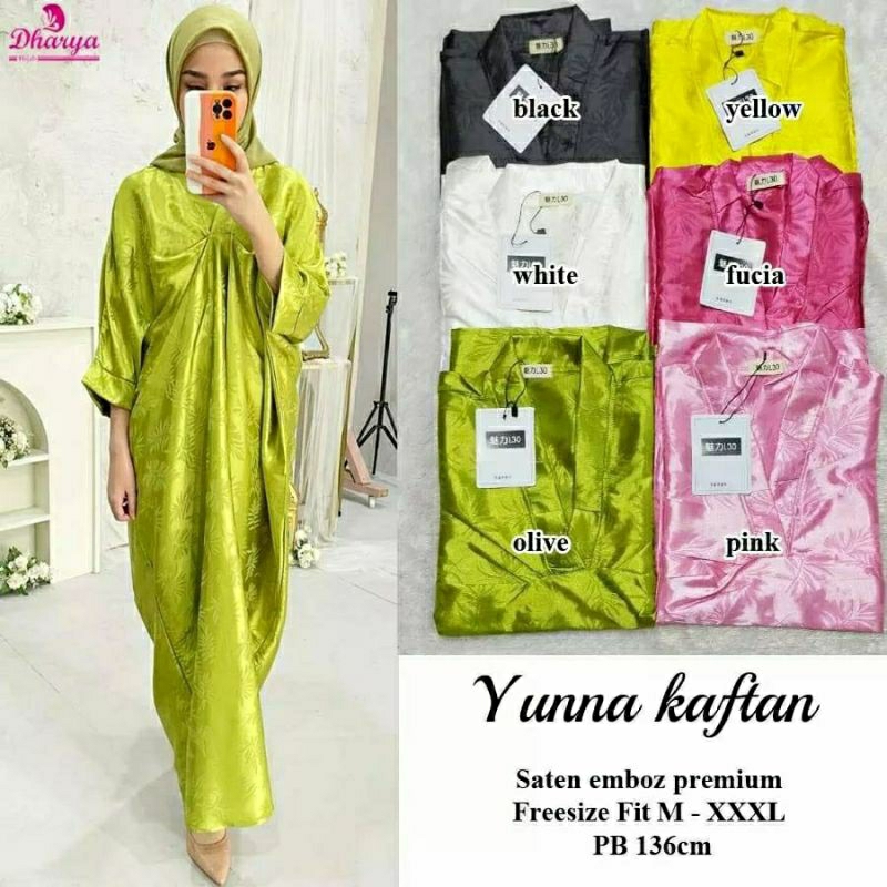 Yunna Kaftan, KAFTAN LEBARAN JUMBO CANTIK MODIS FIT XXXXL LD 160 BAHAN SATEN EMBOSS PREMIUM TERMURAH OOTD KEKINIAN TERLARIS