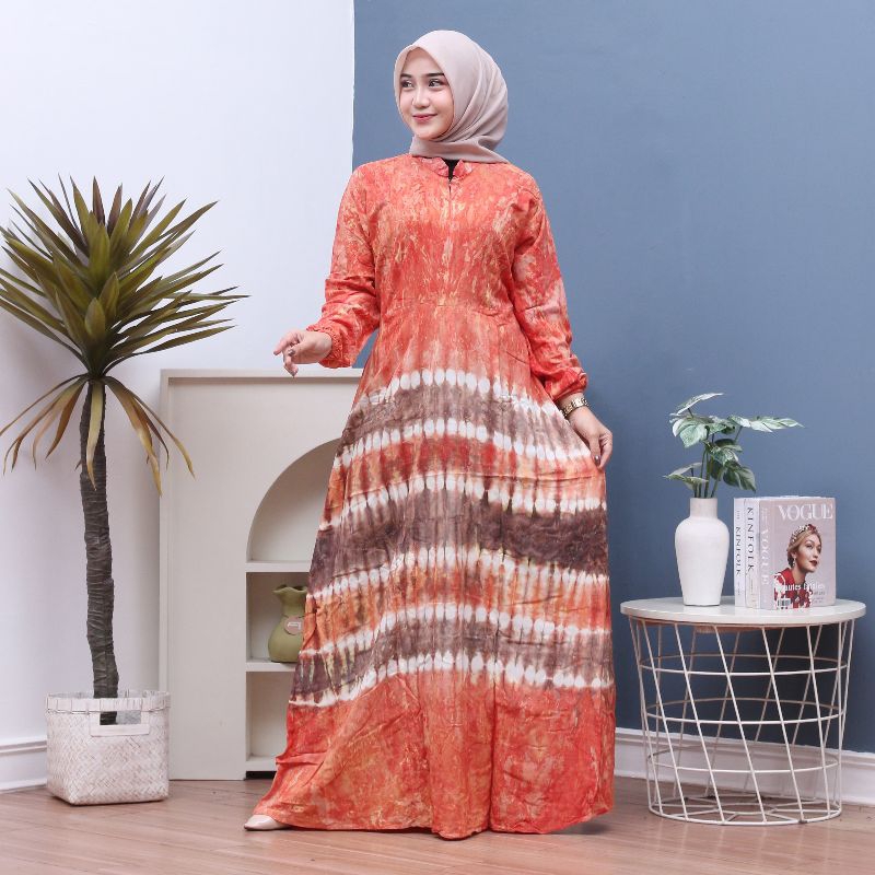 Gamis Rayon Black Tiedye Jumbo Resleting Depan Bumil Friendly Dress Wanita Kekinian Terbaru Adem