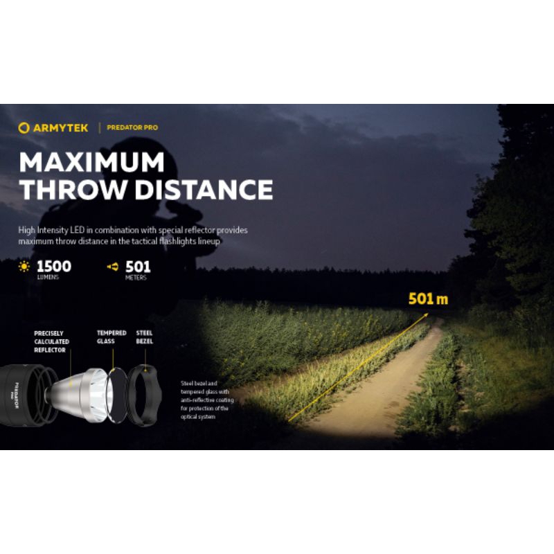 Armytek Predator Pro magnet USB, Cool White, 1500 Lumen, 501 meter, Original, Garansi Resmi, Full se