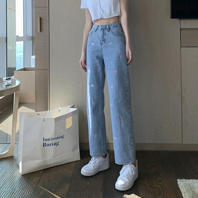 EUNII Celana Jeans Boyfriend High Waist Loose Jens Wanita Korean Style