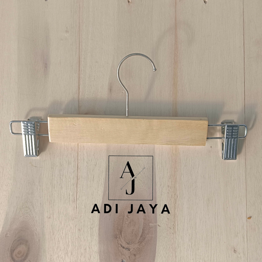 HANGER KAYU NATURAL CELANA DEWASA JEPIT BESI PAKET 12PCS/1 LUSIN